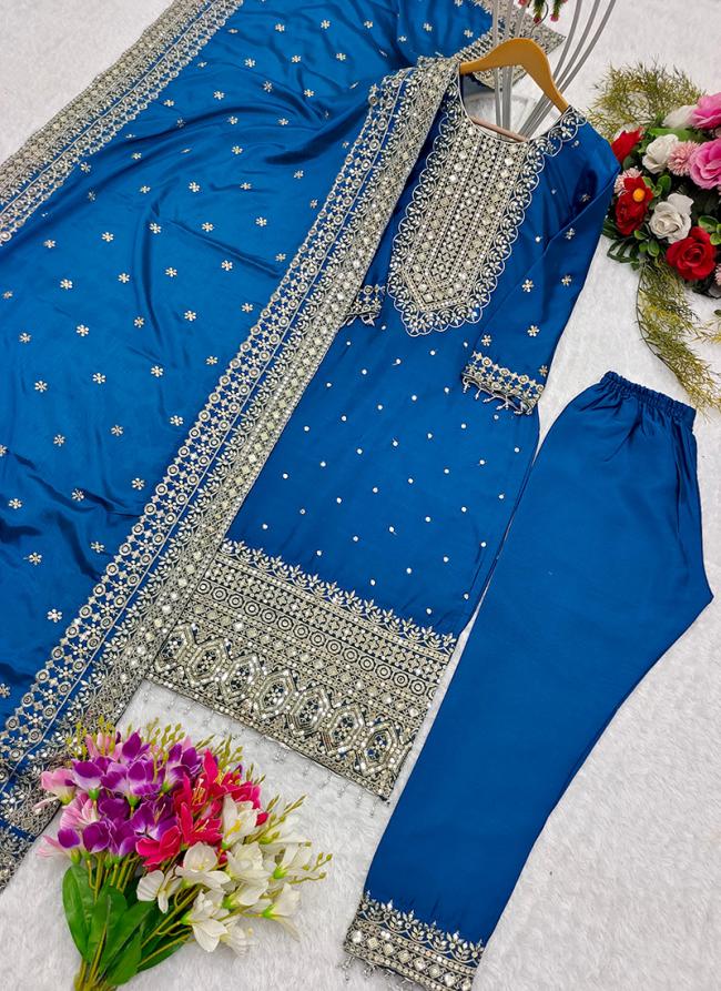 Pure Chinnon Silk Royal Blue Wedding Wear Embroidery Work Readymade Straight Suit